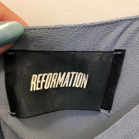 Reformation Sunset Light Blue Iris Peasant Off the Shoulder Mini Dress 12 - Picture 4 of 9